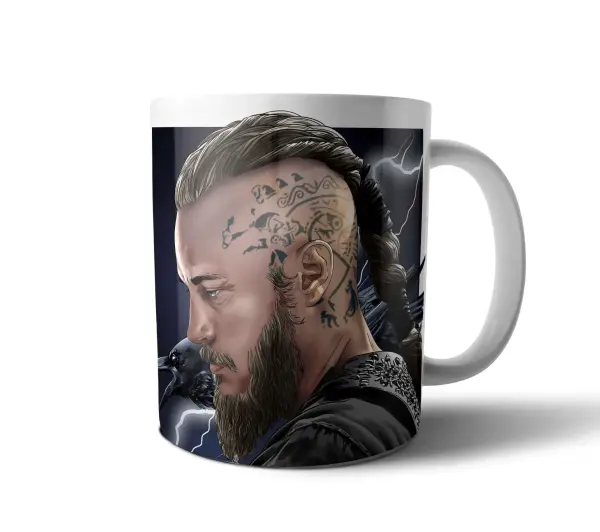 Taza de Cerámica Vikingos Ragnar Lothbrok de perfil con cuervos