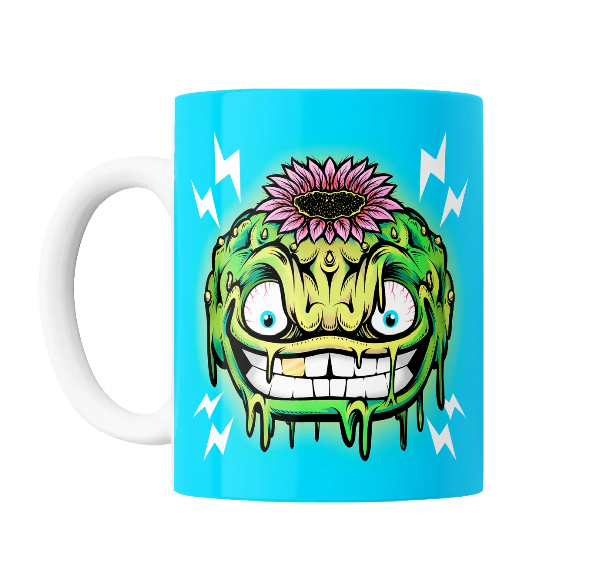 Taza de Cerámica Weed Monstruo Verde Sonriente con Flor - vista 2
