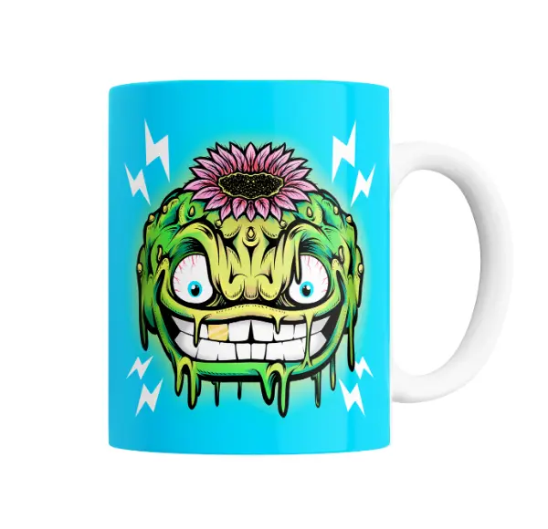 Taza de Cerámica Weed Monstruo Verde Sonriente con Flor