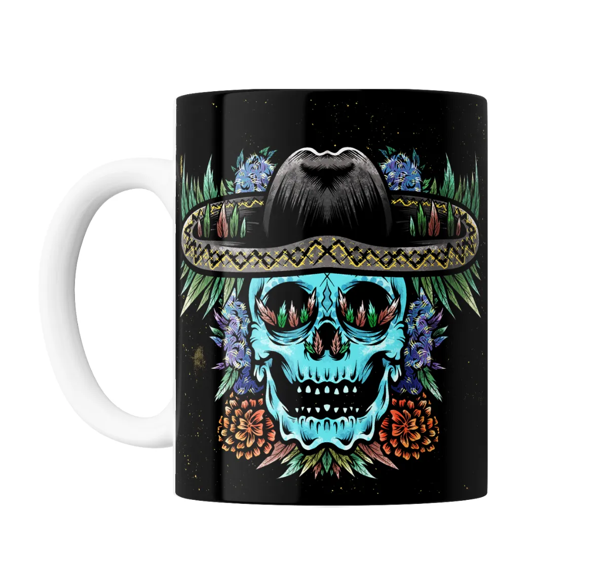 Taza de Cerámica Calavera Mexicana con Sombrero y Flores - vista 2