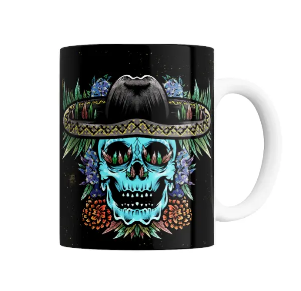 Taza de Cerámica Calavera Mexicana con Sombrero y Flores