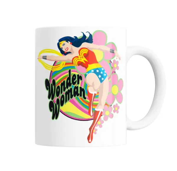 Taza de Cerámica Wonder Woman Retro Flores Arcoíris