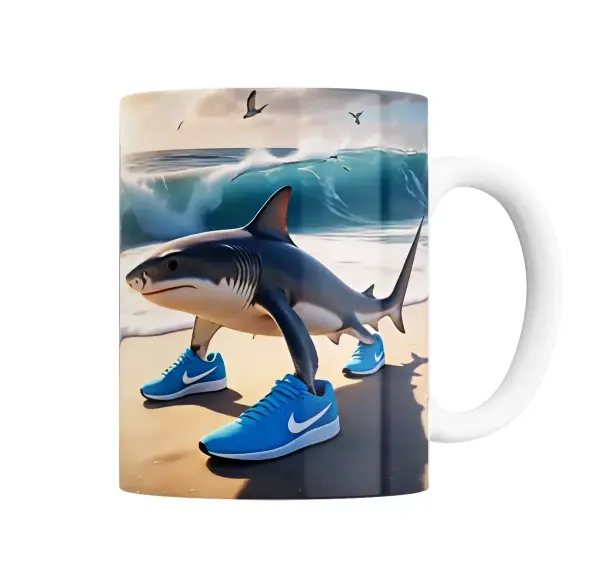 Taza de Cerámica Tiburón con Zapatillas Azules en la Playa