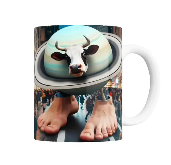 Taza de Cerámica Vaca en Saturno con Pies Gigantes