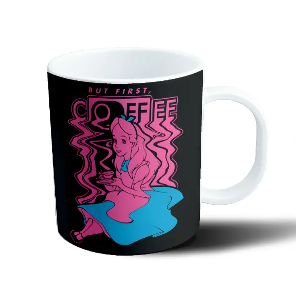 Taza de Plástico Alicia en el País de las Maravillas But First Coffee