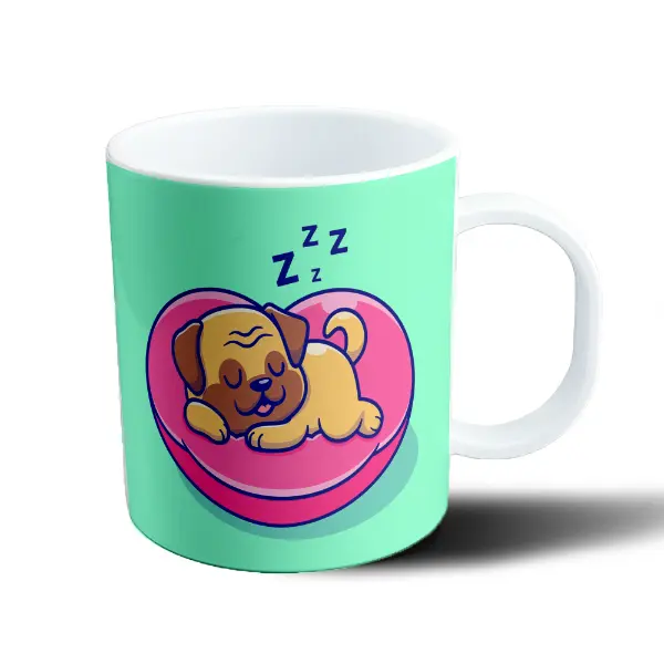 Taza de Plástico Perrito Durmiendo en Cama Rosa