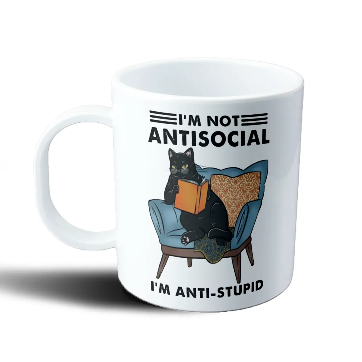 Taza de Plástico Gato Negro Leyendo I'm Not Antisocial I'm Anti-Stupid - vista 2