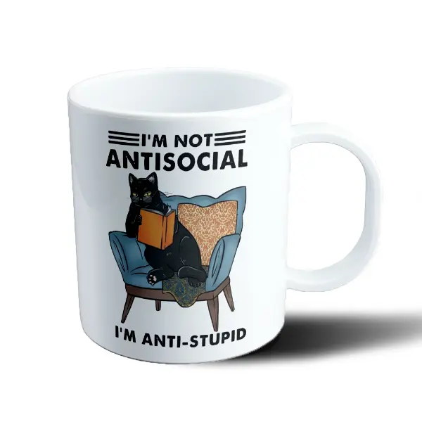 Taza de Plástico Gato Negro Leyendo I'm Not Antisocial I'm Anti-Stupid
