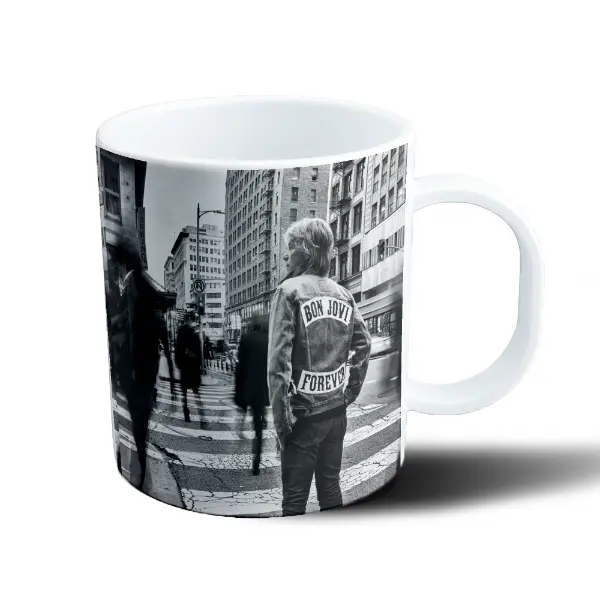 Taza de Plástico Bon Jovi Forever Campera Denim Blanco y Negro