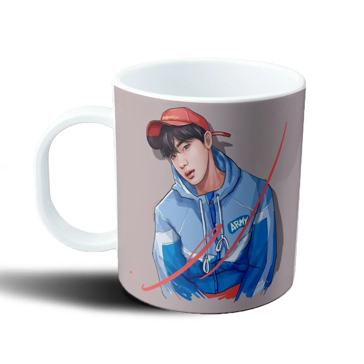 Taza de Plástico BTS Jin con gorra roja y campera ARMY - vista 2