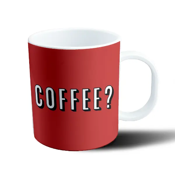 Taza de Plástico Coffee? Frase en Letras Blancas