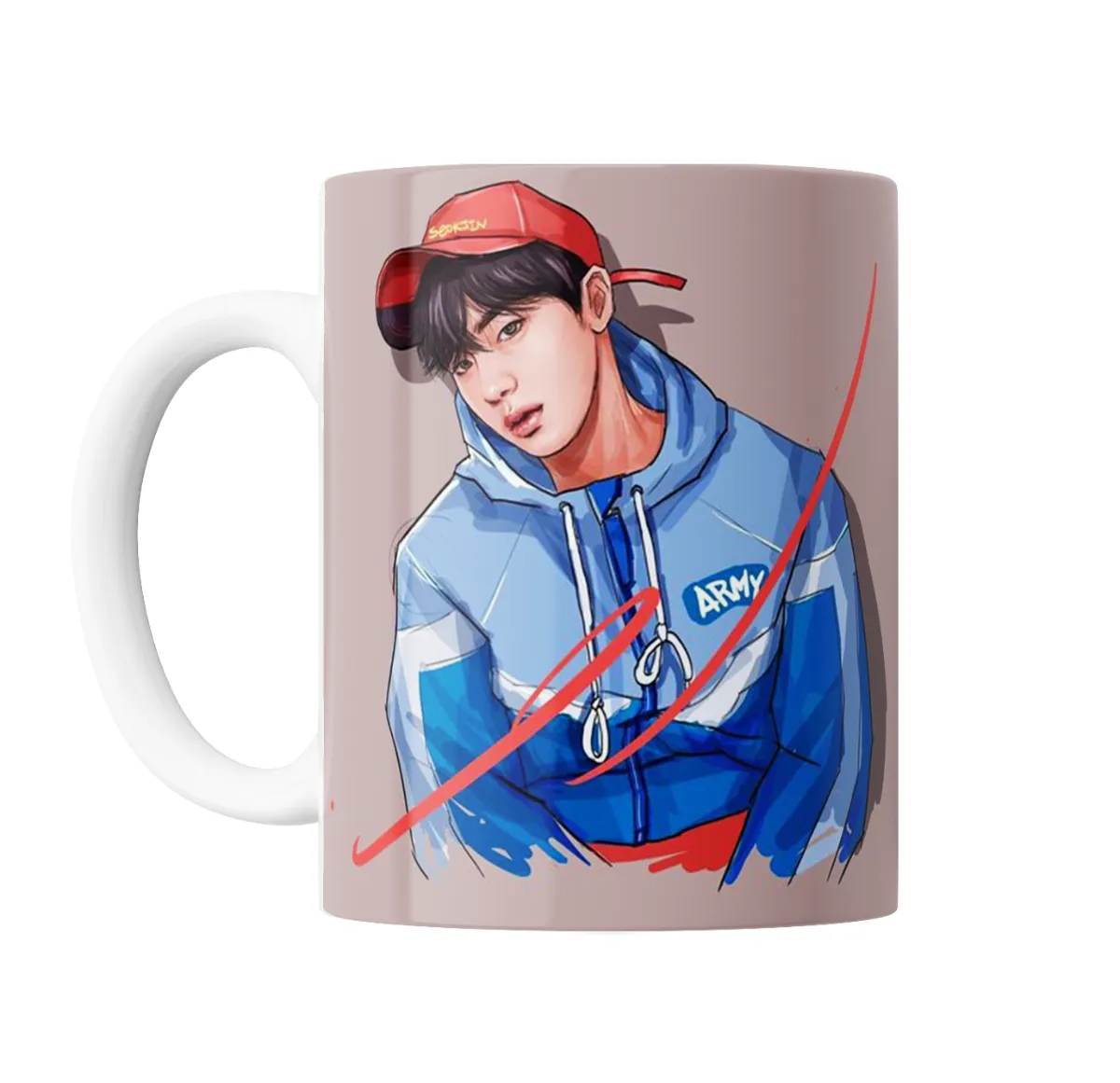 Taza de Cerámica BTS Jin con gorra roja y campera ARMY - vista 2