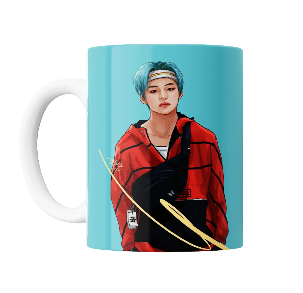 Taza de Cerámica BTS Fan Art Campera Roja Pelo Celeste - vista 2