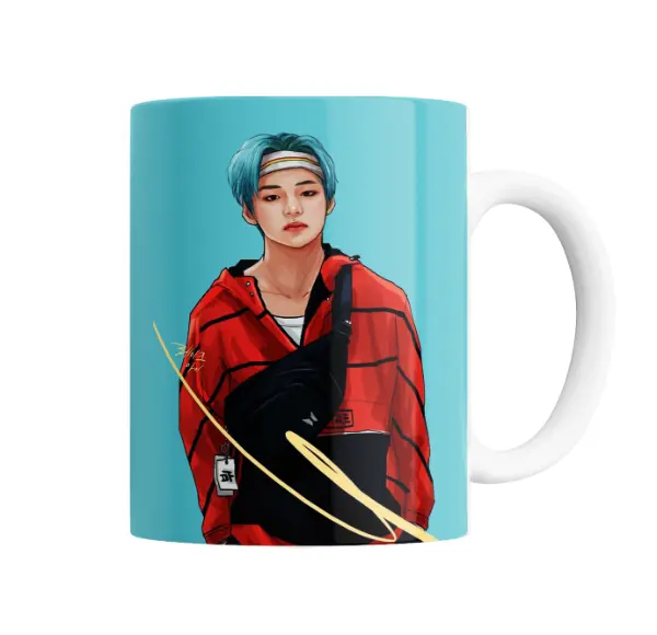Taza de Cerámica BTS Fan Art Campera Roja Pelo Celeste