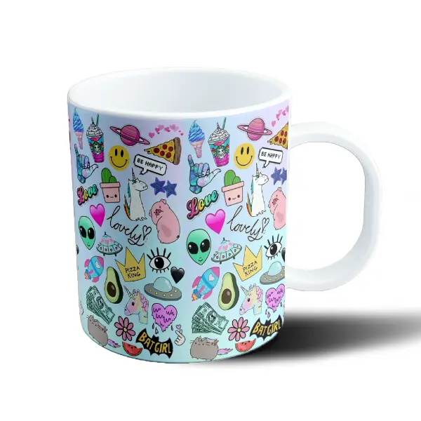 Taza de Plástico Collage Kawaii Unicornios Pizza Alienigenas Batgirl