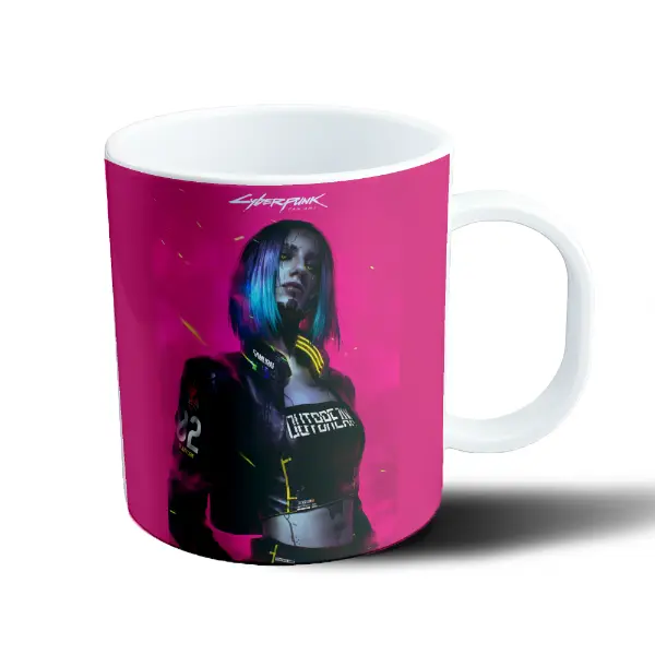 Taza de Plástico Cyberpunk 2077 Chica Cyborg Neón Rosa
