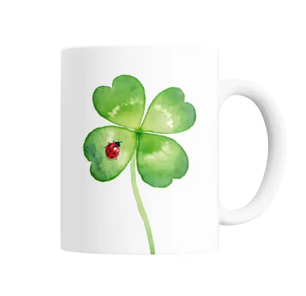 Taza de Cerámica Buena Suerte Trébol de Cuatro Hojas con Mariquita