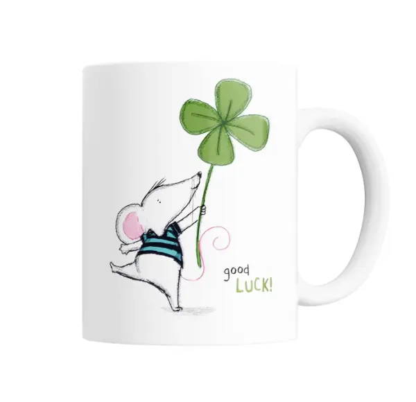 Taza de Cerámica Buena Suerte Ratón con Trébol de Cuatro Hojas