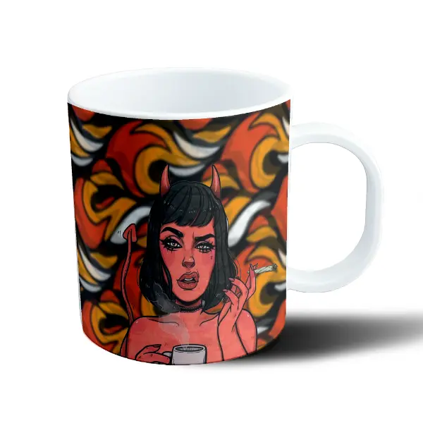 Taza de Plástico Demon Diablita Fumando y Tomando Café