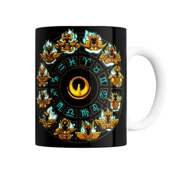 Taza de Cerámica Caballeros del Zodiaco Armaduras Doradas y Signos