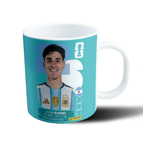 Taza de Plástico Mundial 2026 Argentina Julián Álvarez Figurita