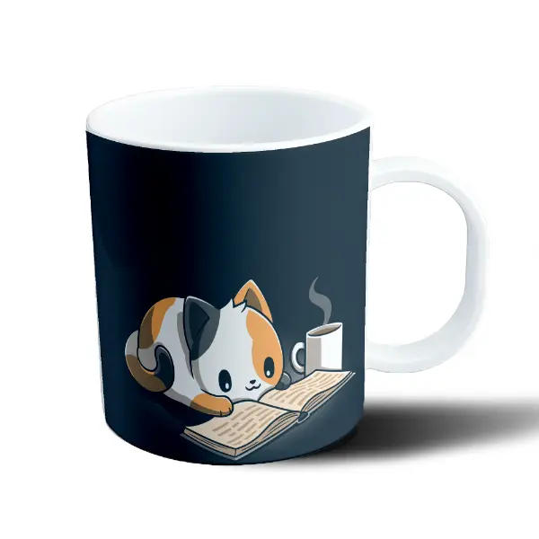 Taza de Plástico Gatito Leyendo con Café