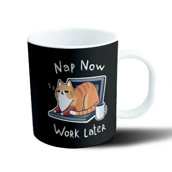 Taza de Plástico Gato Naranja Nap Now Work Later