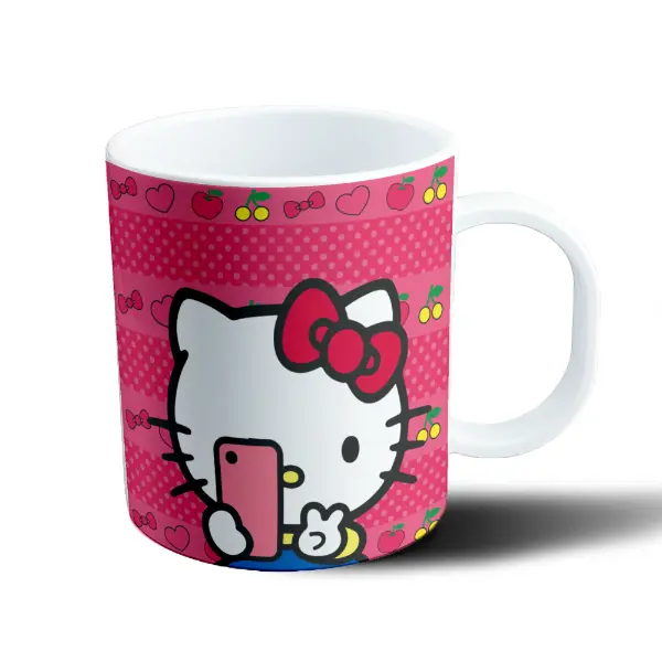 Taza de Plástico Hello Kitty con Celular y Manzanas