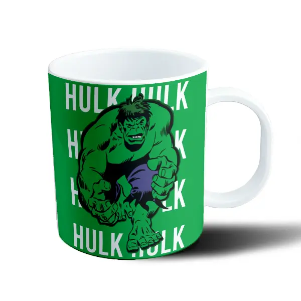 Taza de Plástico Hulk Marvel Fondo Verde con Texto Repetido