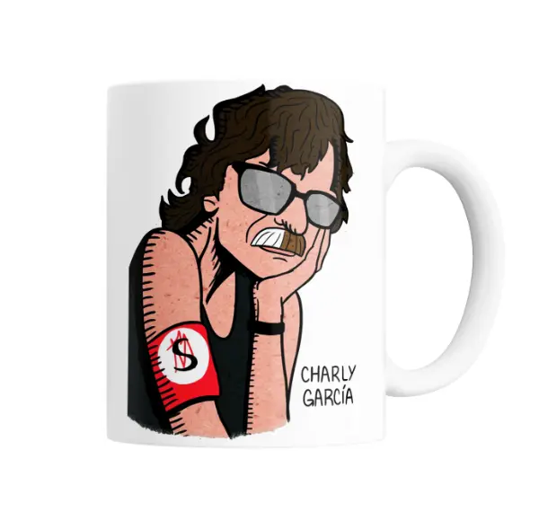 Taza de Cerámica Charly García Caricatura con Lentes y Cigarro