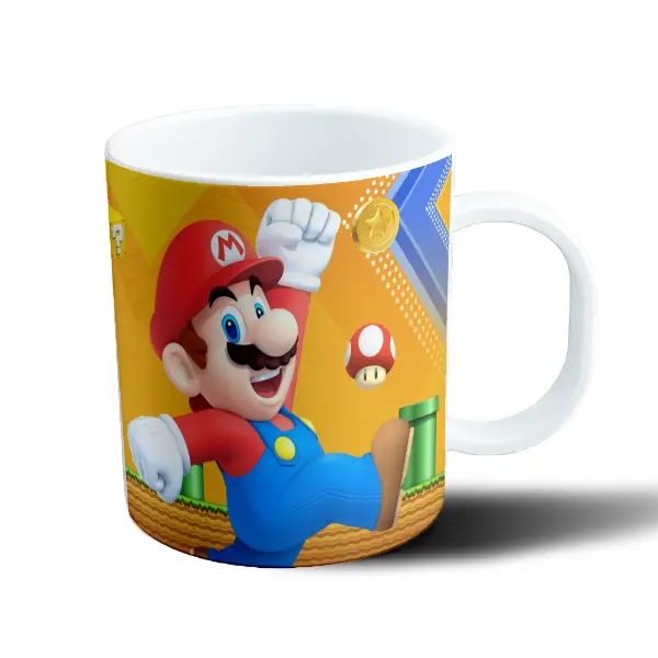 Taza de Plástico Mario Bros Mario Saltando con Hongo y Moneda