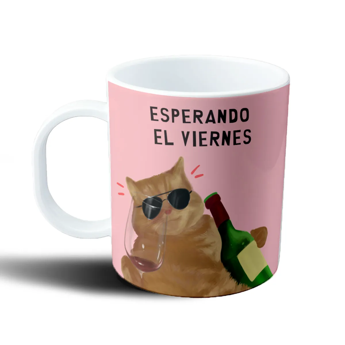 Taza de Plástico Meme Gato Naranja Esperando el Viernes - vista 2