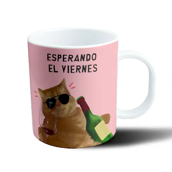 Taza de Plástico Meme Gato Naranja Esperando el Viernes