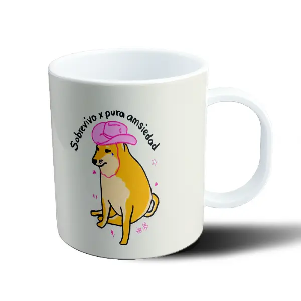 Taza de Plástico Perrito con gorra rosa Sobrevivo x pura ansiedad