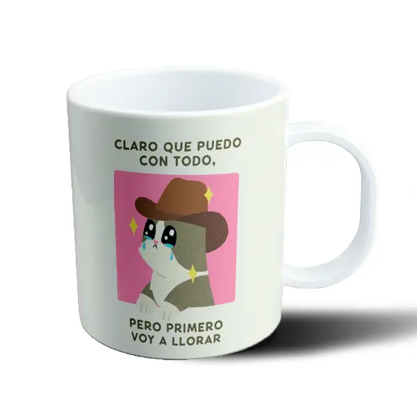 Taza de Plástico Meme Gato Vaquero Llorando Claro Que Puedo Con Todo