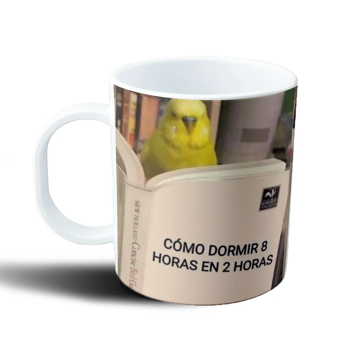 Taza de Plástico Meme Cómo Dormir 8 Horas en 2 Horas Loro Amarillo - vista 2