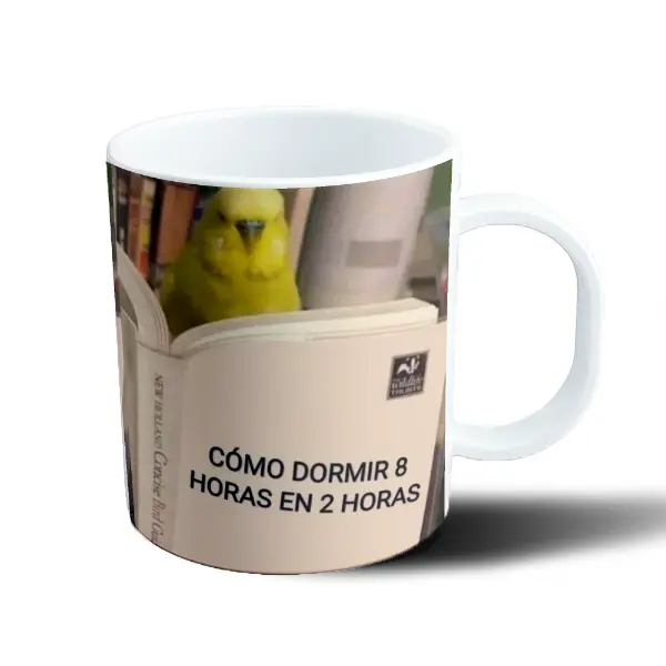 Taza de Plástico Meme Cómo Dormir 8 Horas en 2 Horas Loro Amarillo