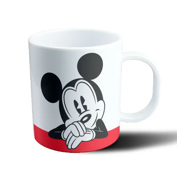 Taza de Plástico Mickey Mouse Pensativo Blanco y Rojo